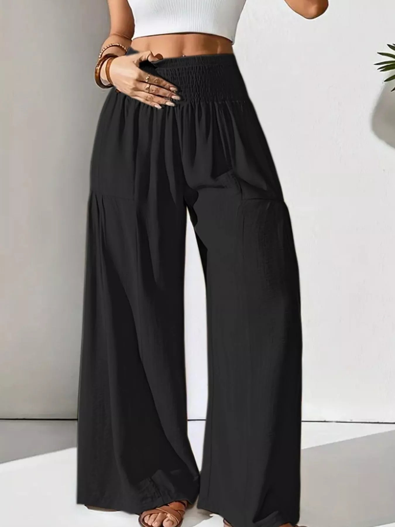 Smocked Waist Wide Leg Pants