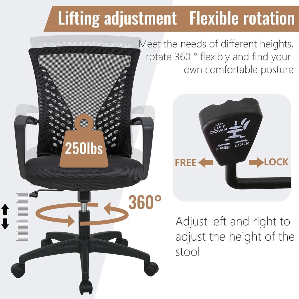 Silla ergonómica de oficina de malla con soporte lumbar ajustable negra