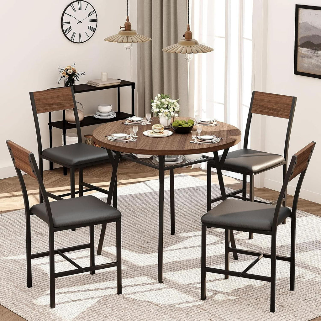 Juego de comedor redondo para cuatro personas, acabado en madera de nogal y metal