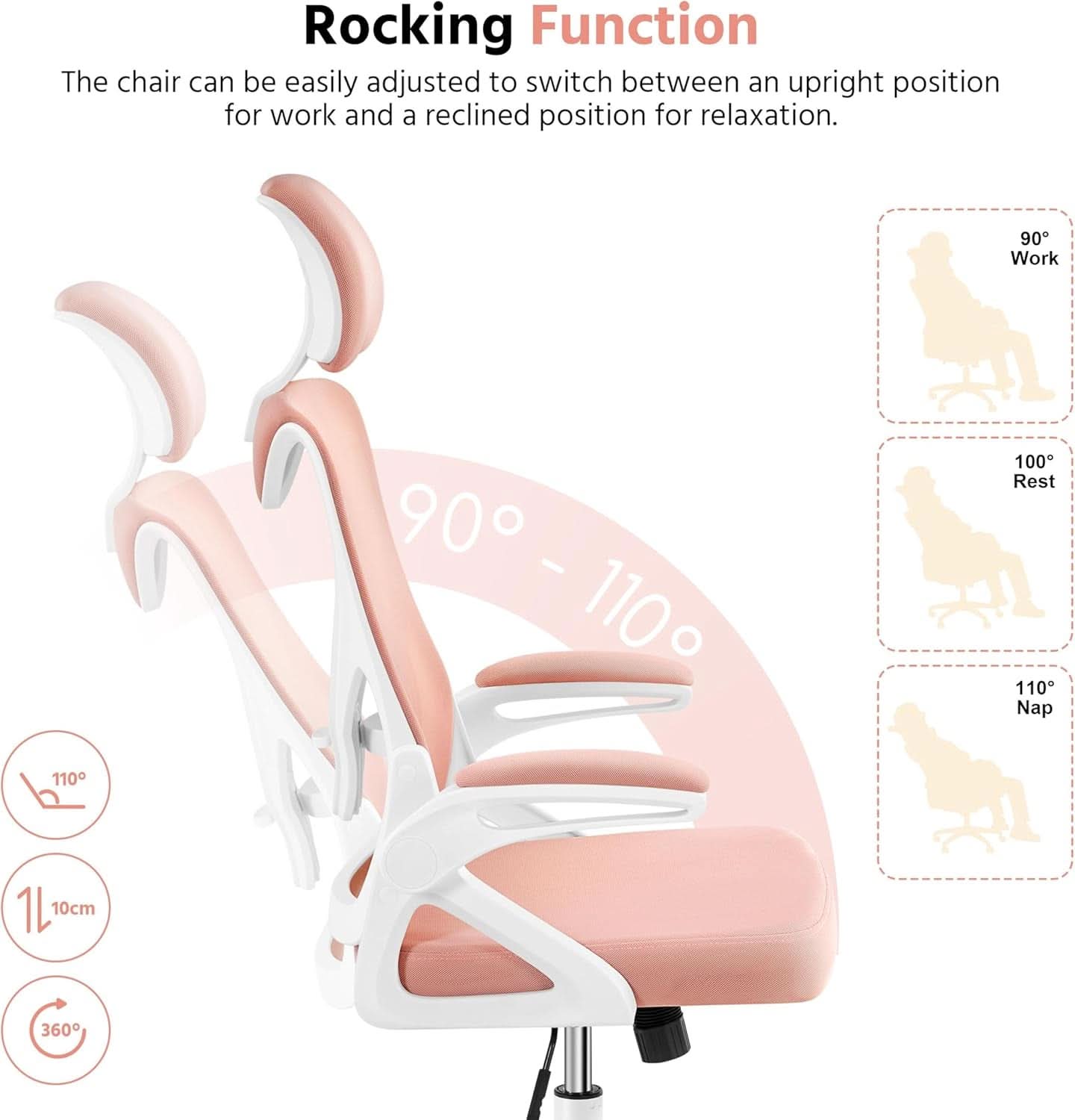 Silla de oficina ergonómica respaldo alto malla blanca rosa lumbar