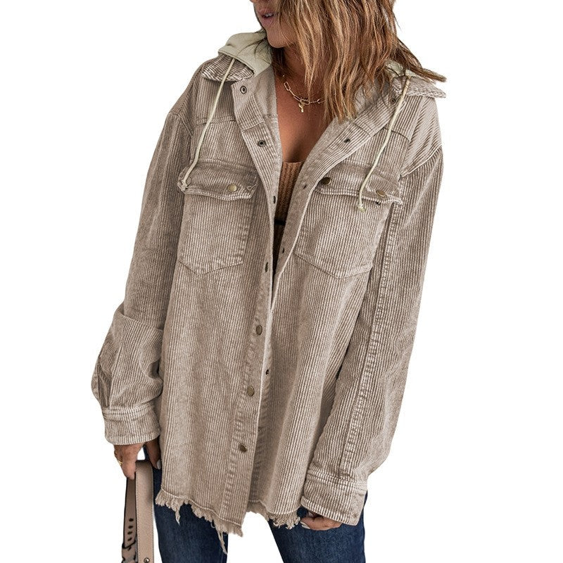 Loose Fit Color Block Hooded Corduroy Jacket