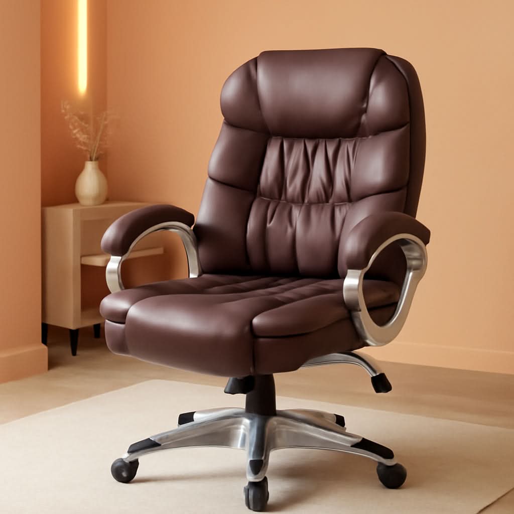 Sillón de oficina ergonómico con respaldo alto, lumbar, de cuero sintético marrón