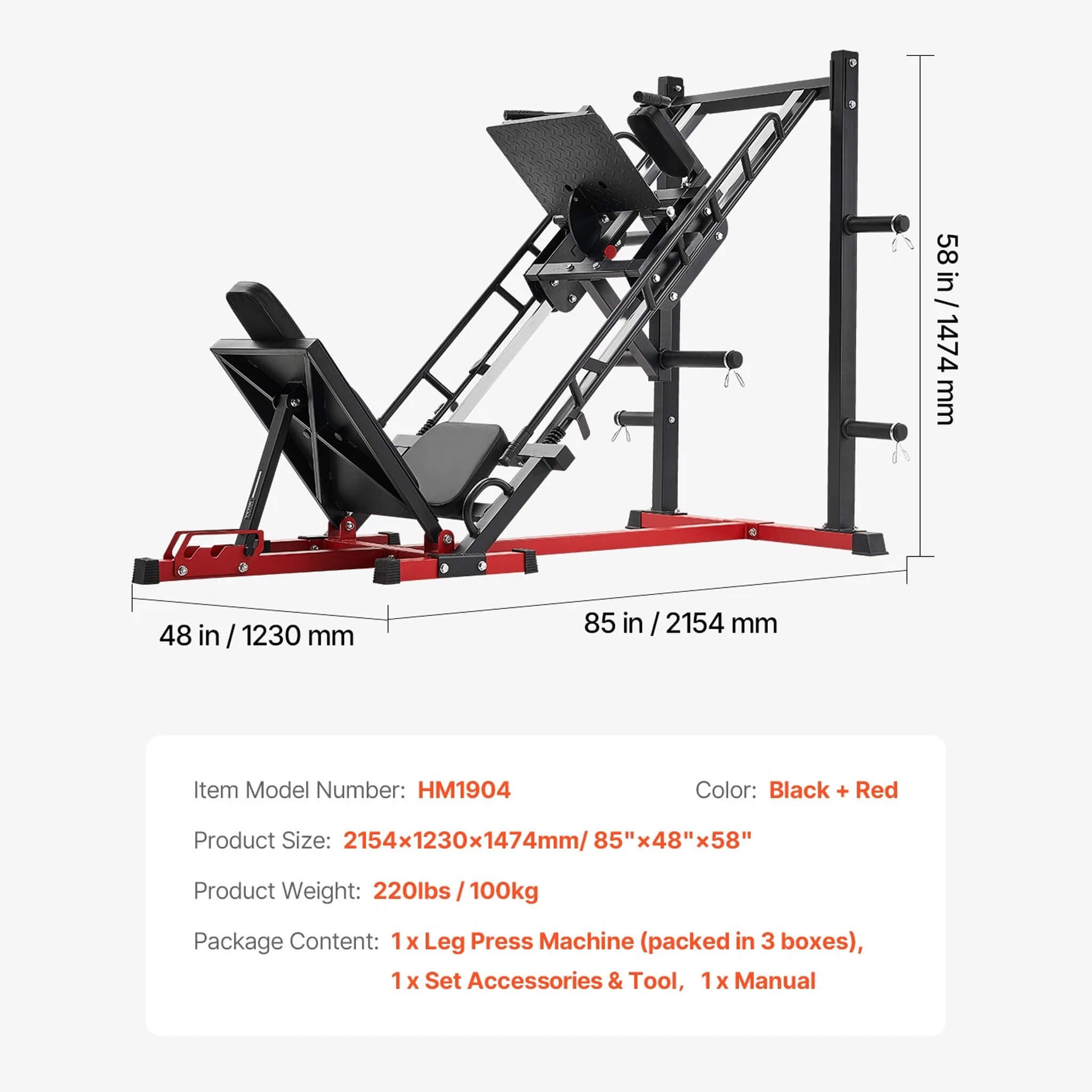 Rovix 2000LBS Máquina de prensa de piernas y sentadillas hack ajustables para entrenamientos en gimnasios domésticos (SAK53148)