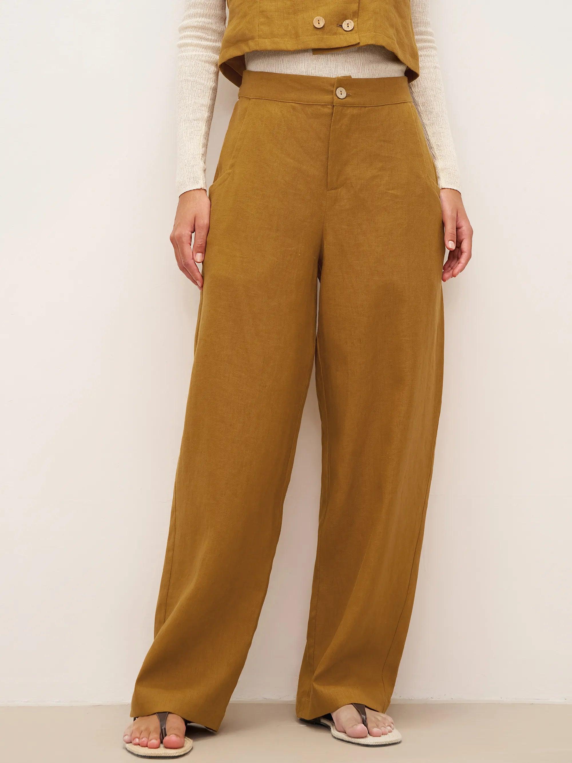 Pantalones 100% lino corte banana con bolsillos EDELINE