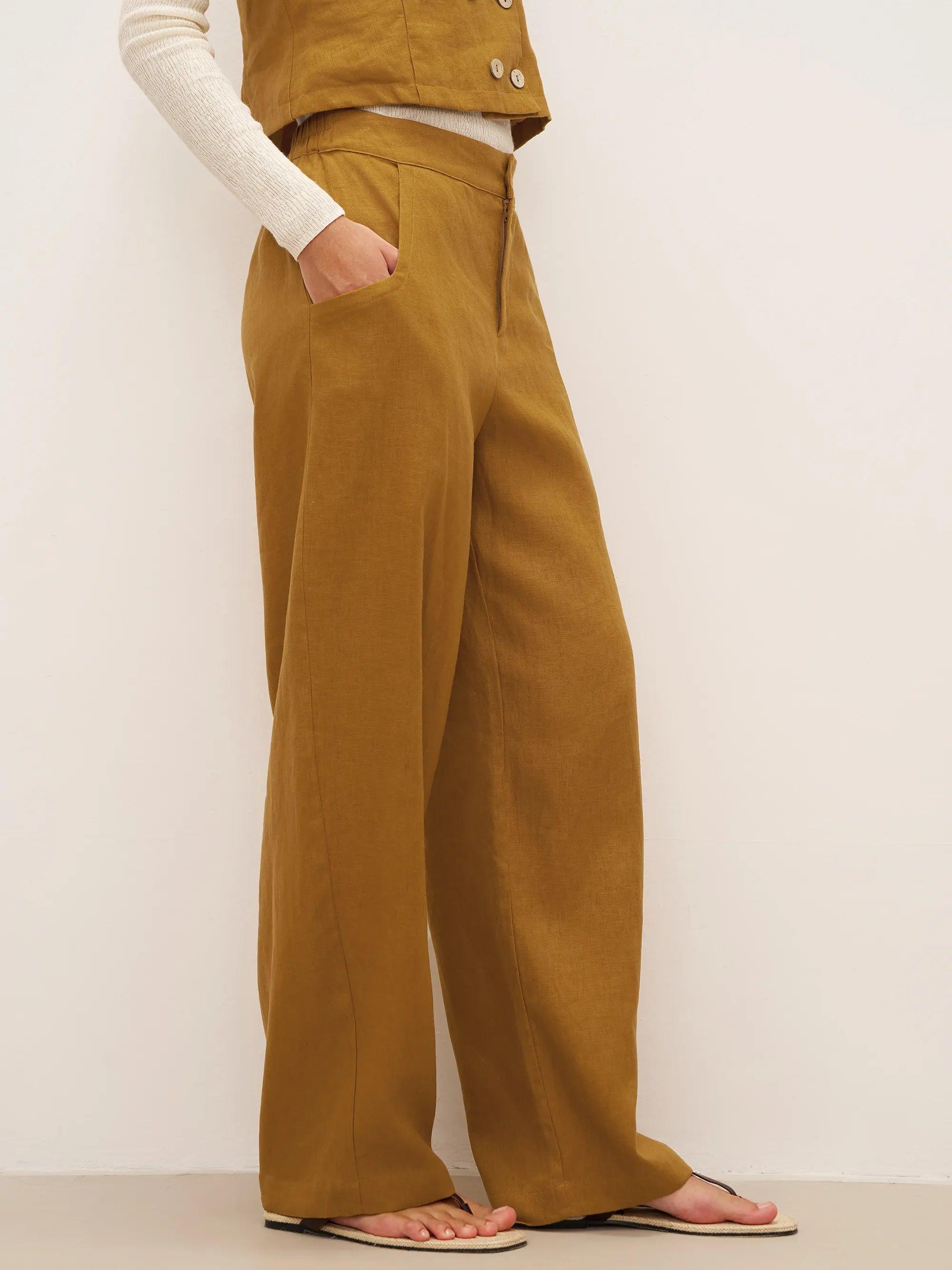 Pantalones 100% lino corte banana con bolsillos EDELINE