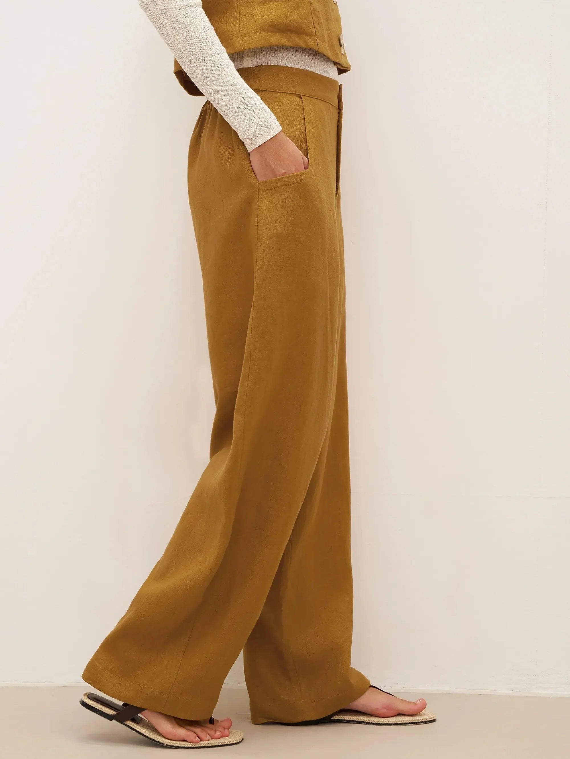 Pantalones 100% lino corte banana con bolsillos EDELINE