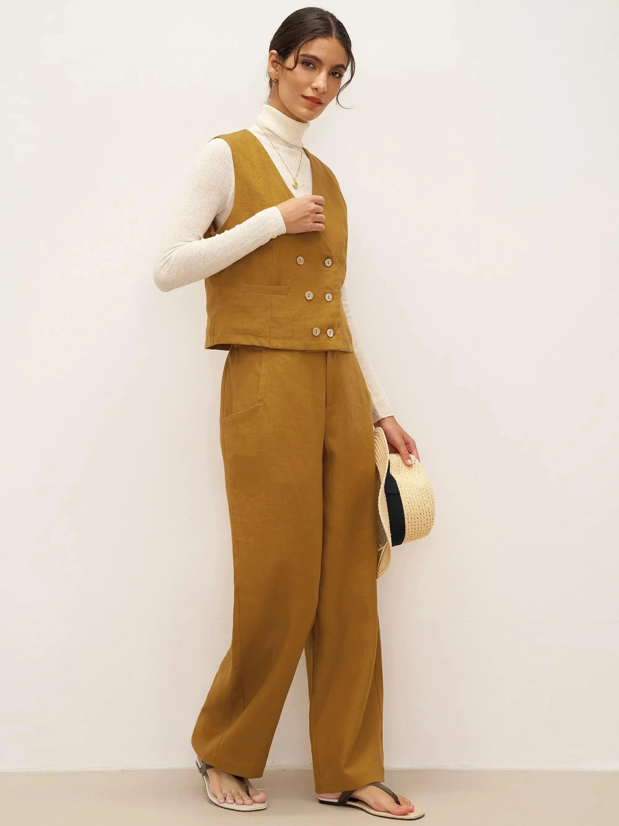 Pantalones 100% lino corte banana con bolsillos EDELINE
