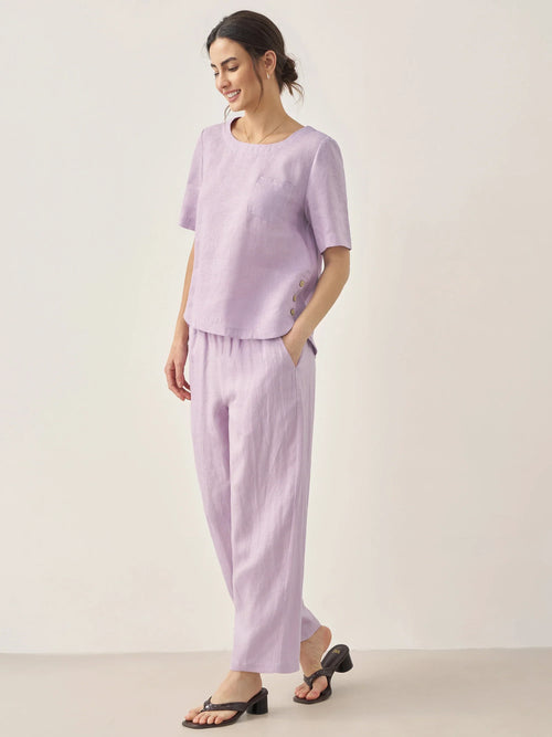Conjunto de Top de Manga Corta con Cuello Redondo, Detalles de Botones y Pantalones 100% Lino SASHA