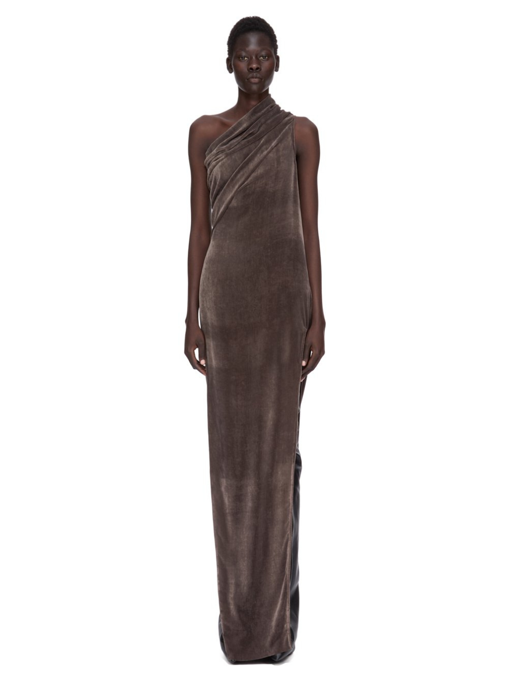 Rick Owens Women 'Athena Arrowhead' Brown Asymmetric Long Dress With Ruched Neckline And Side Single Slit In Viscose Blend Woman