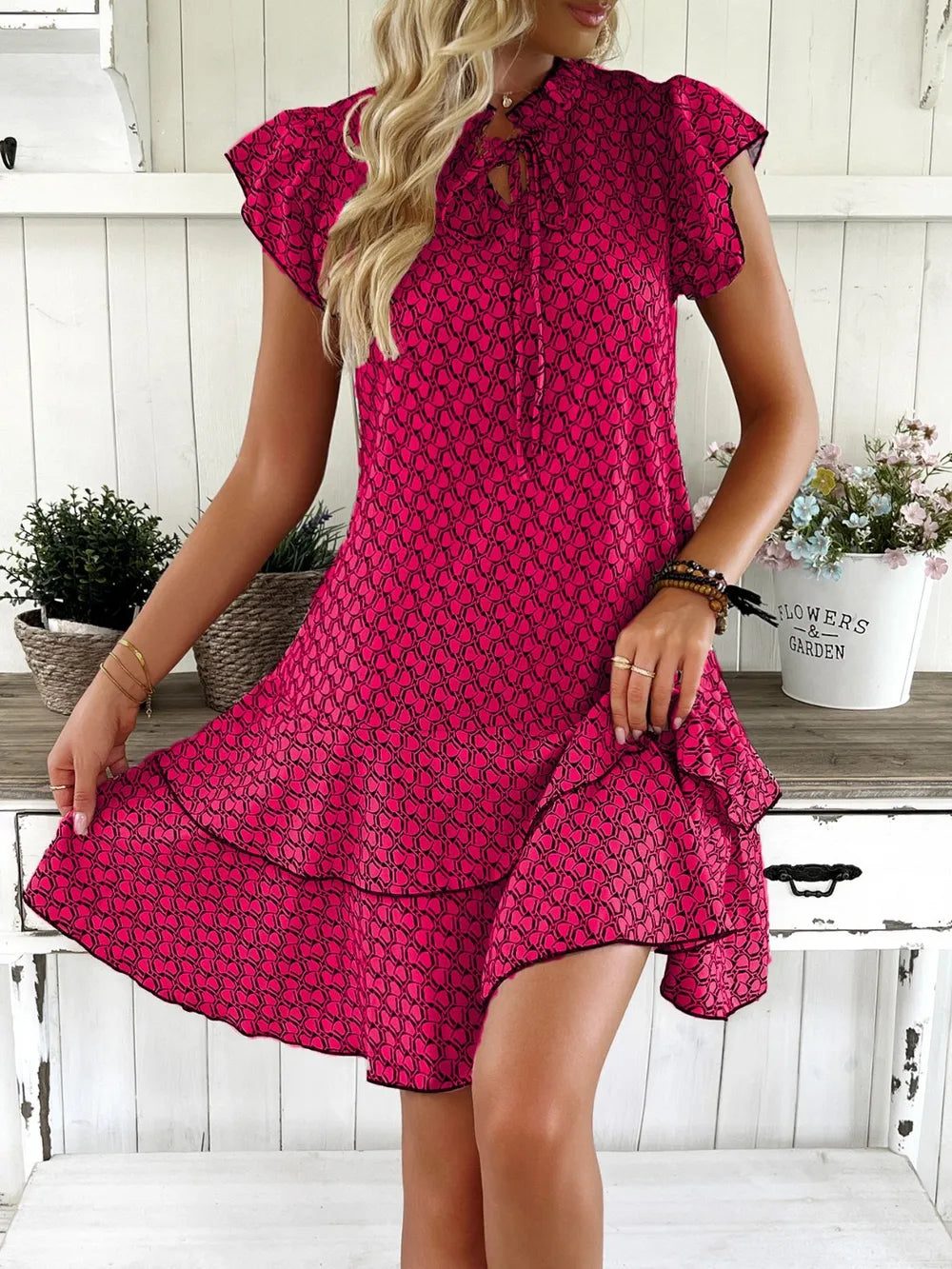 Full Size Ruffled Layered Printed Mini Dress Plus Size