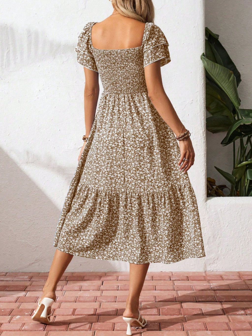 Floral Print Smocked Ruffle Sleeves Dress