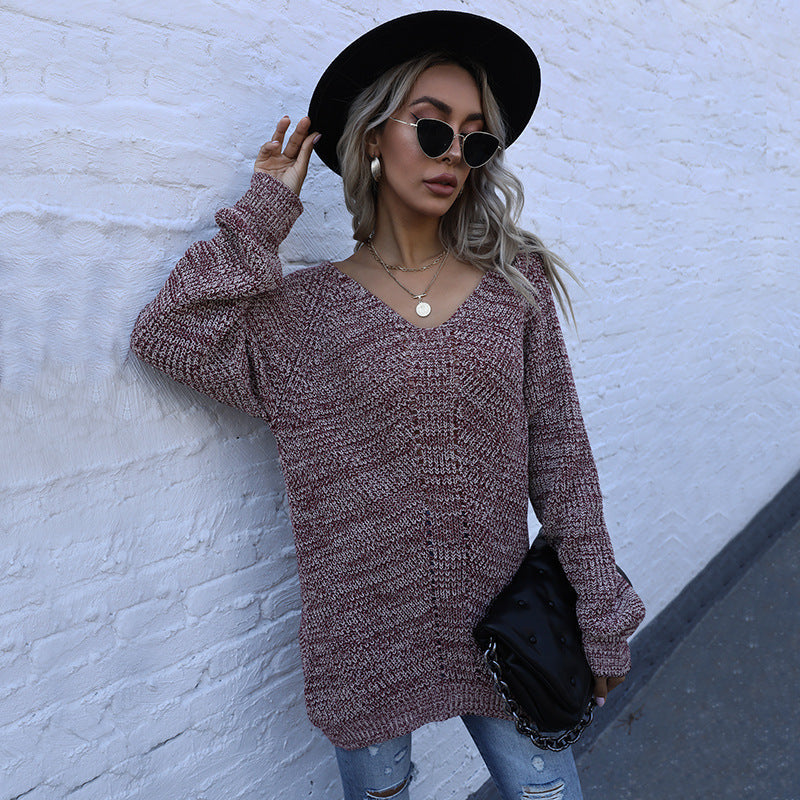 Autumn Casual Women Wear Mid Length Mixed Color Long Sleeve Loose V neck Sweater