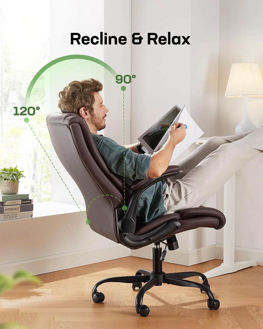 Sillón ejecutivo de oficina de cuero sintético con reposabrazos plegables