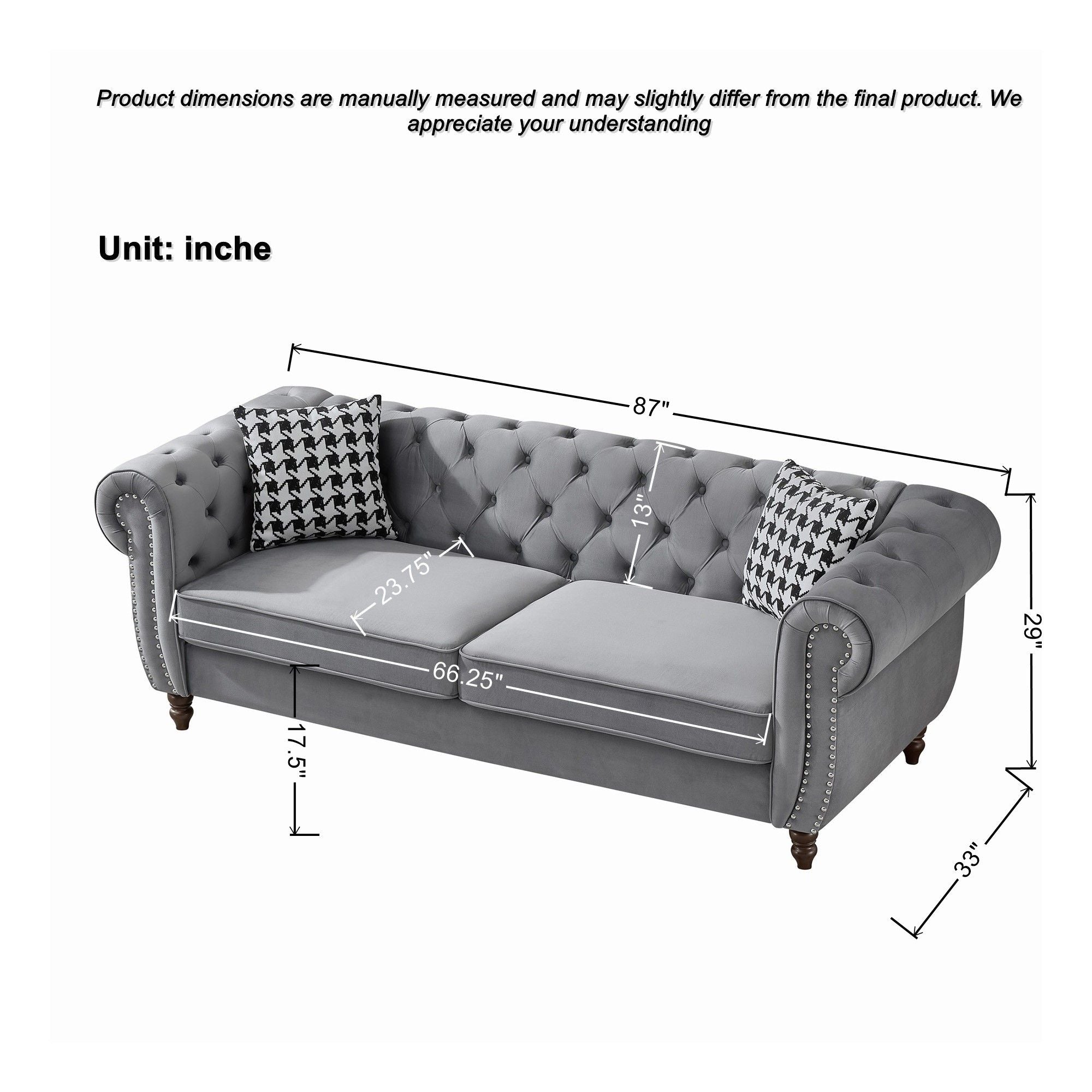 Chesterfield 3 And 2 Seater Upholstery Sofa With Roll Armrest & Nailhead Fabric Couch