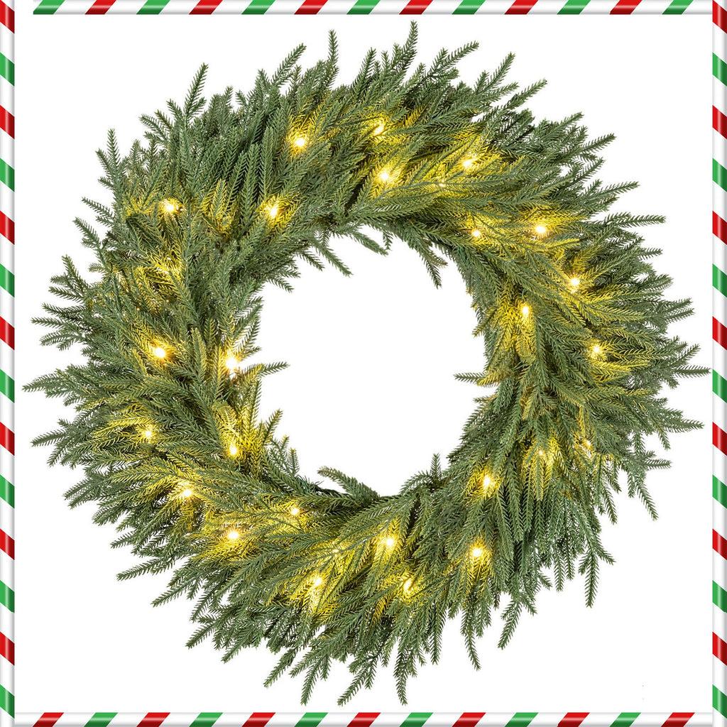 24 Inch Pre-lit Christmas Wreath with 108 Branch Tips and 35 Warm White LED Lights for Wall Window