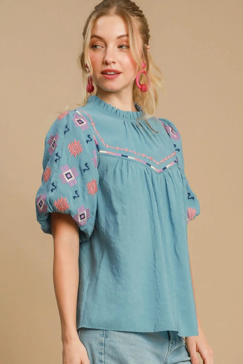 Umgee Full Size Embroidered Puff Sleeve Mock Neck Top Plus Size