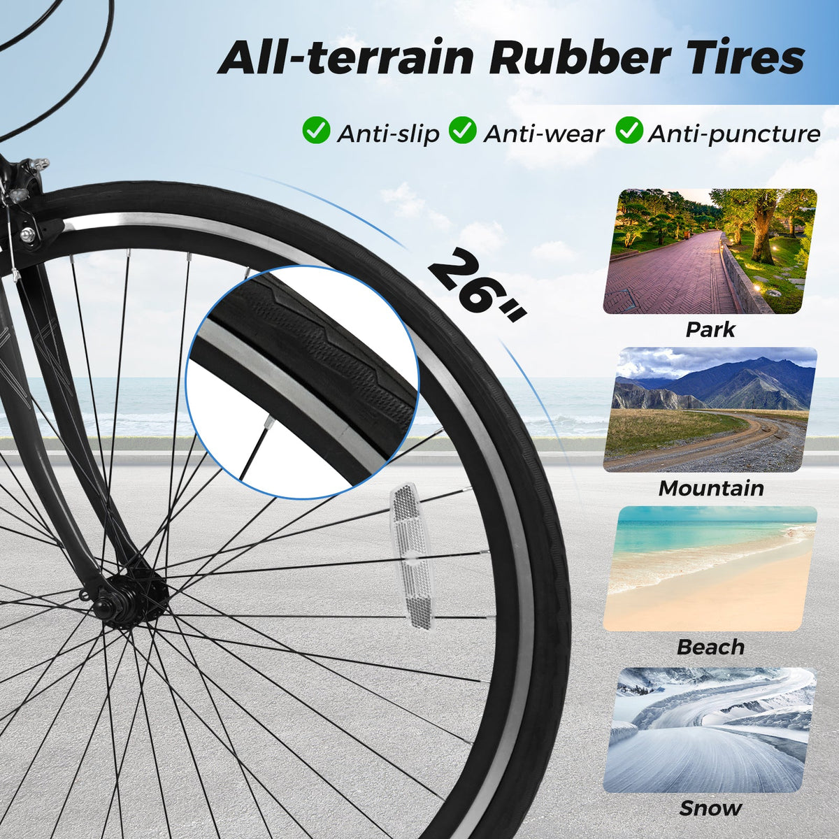 26 Inch Mountain Bike Adjustable with 6-Speed and All-terrain Rubber Wheels
