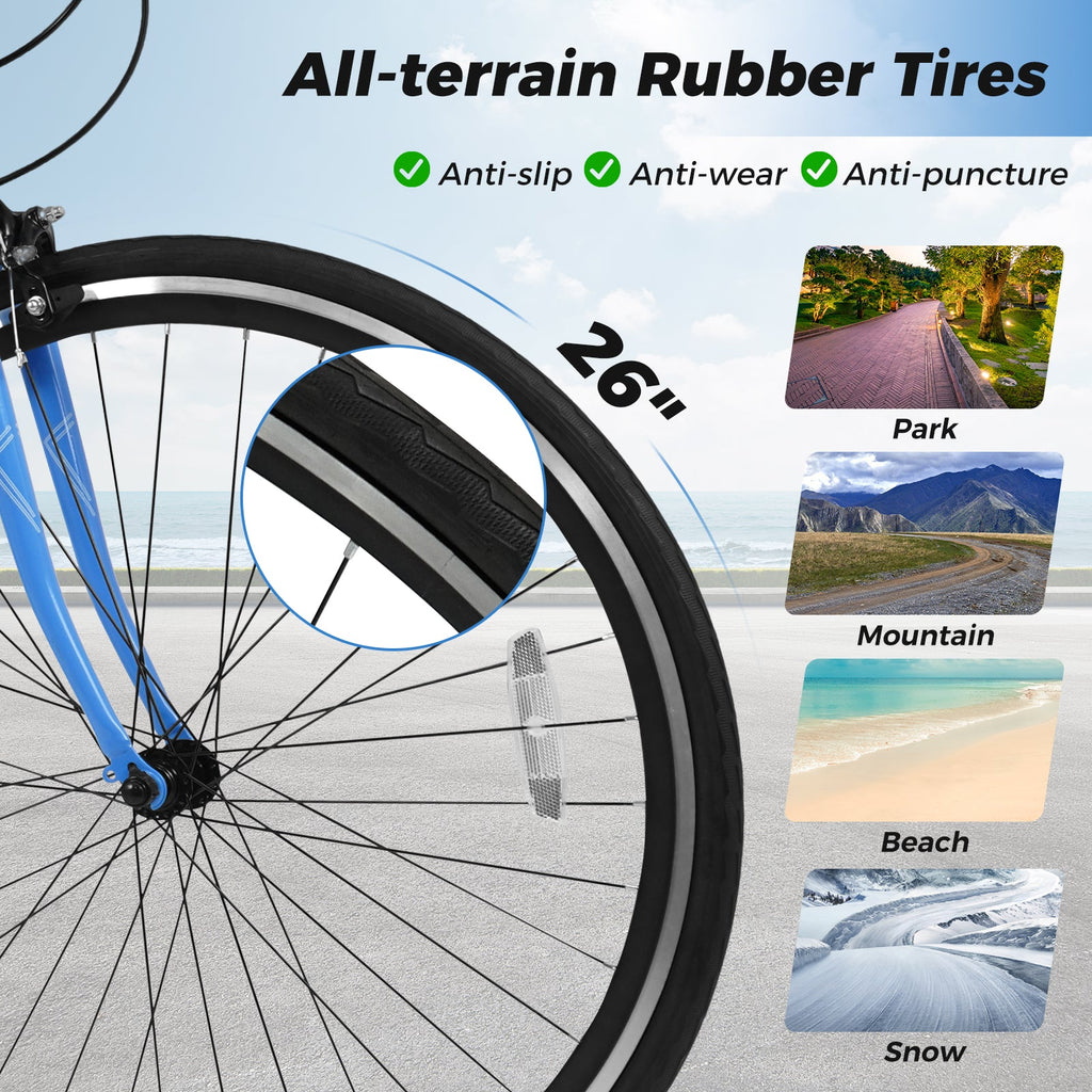 26 Inch Mountain Bike Adjustable with 6-Speed and All-terrain Rubber Wheels