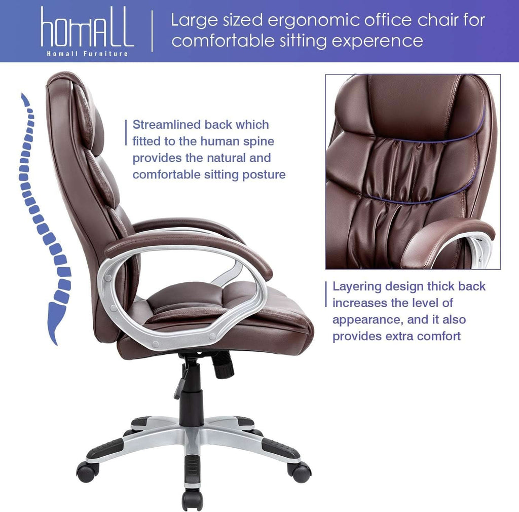 Sillón de oficina ergonómico con respaldo alto, lumbar, de cuero sintético marrón