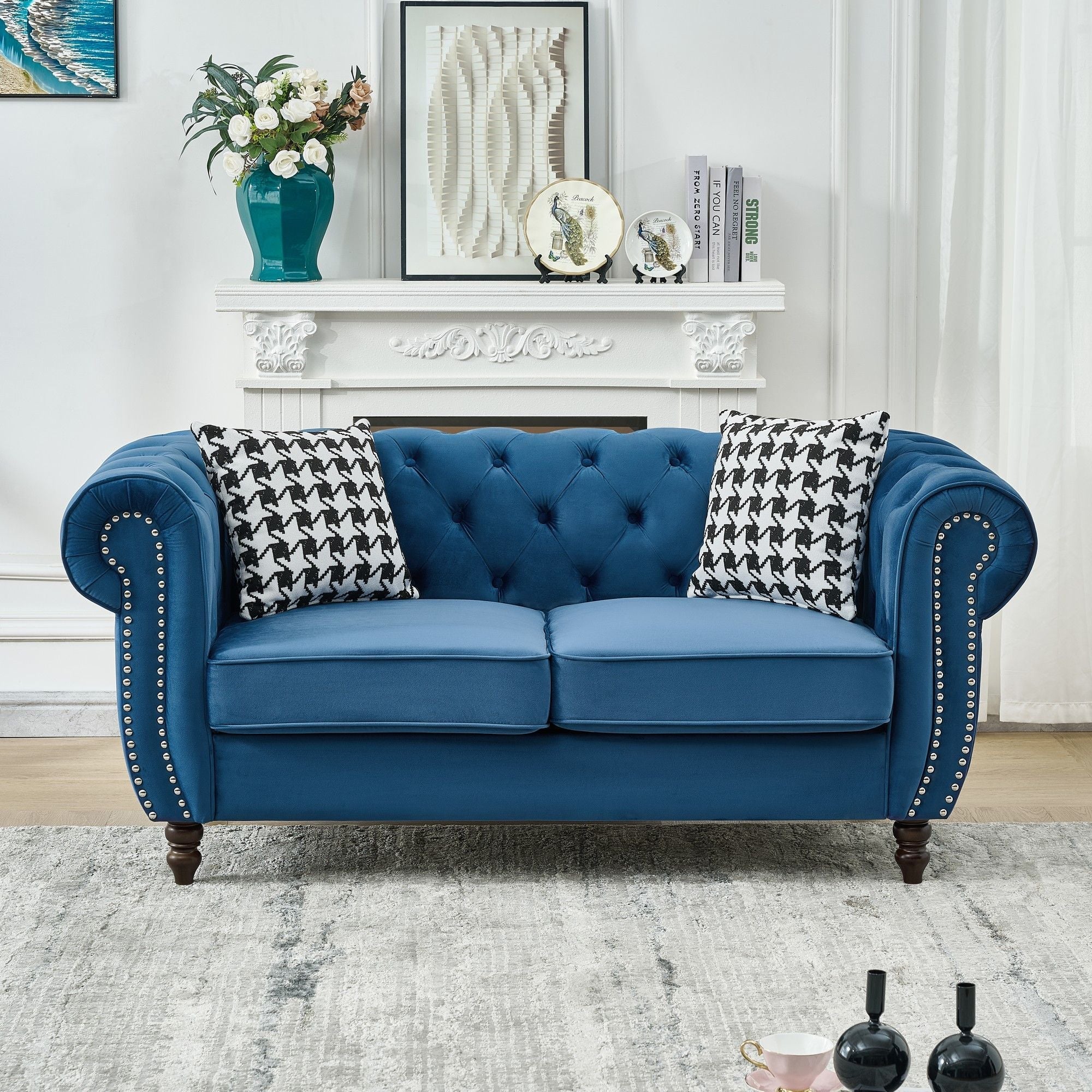 Chesterfield Fabric Sofa With Roll Armrest And Nailhead, Mid Century 2 Seater Couch In