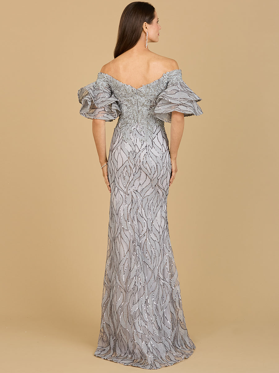 Trägerloses Meerjungfrauen-Kleid mit Perlenstickerei und gestuften Ärmeln