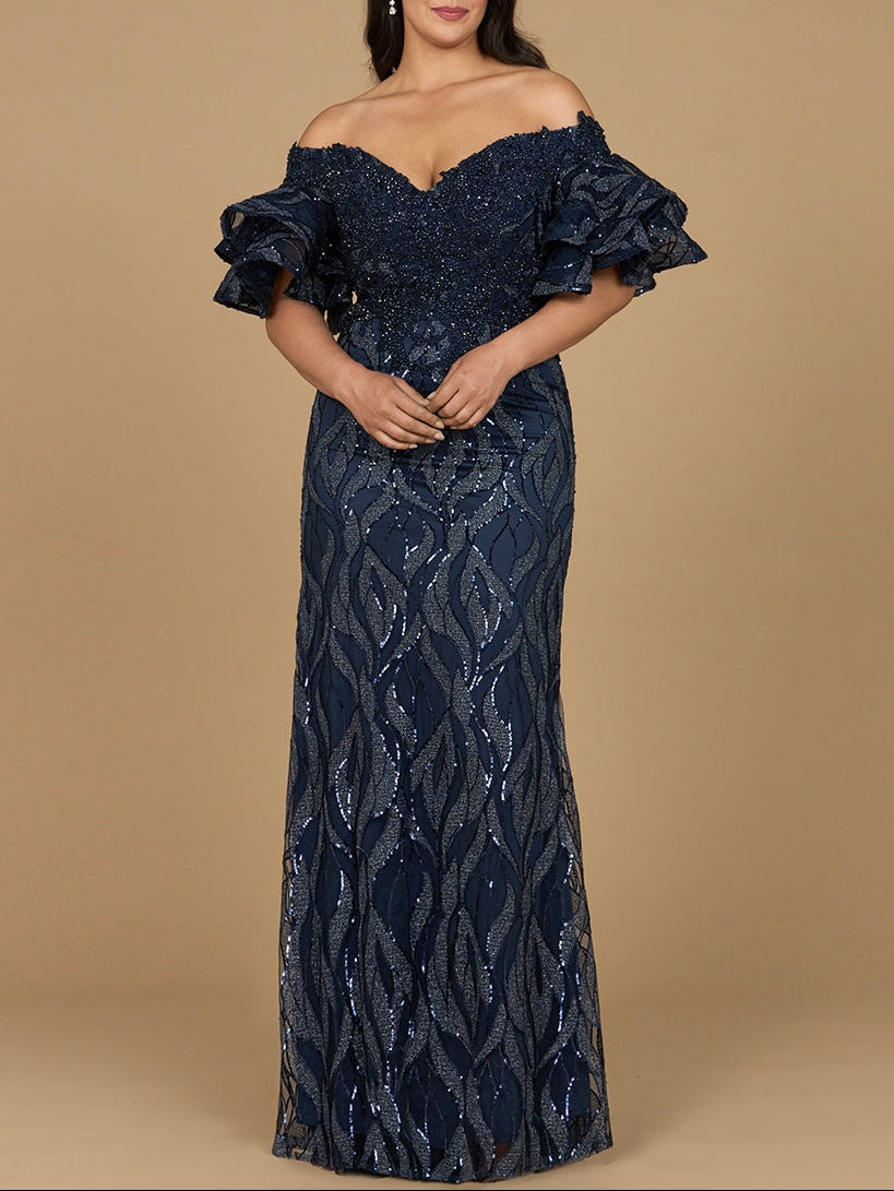 Trägerloses Meerjungfrauen-Kleid mit Perlenstickerei und gestuften Ärmeln