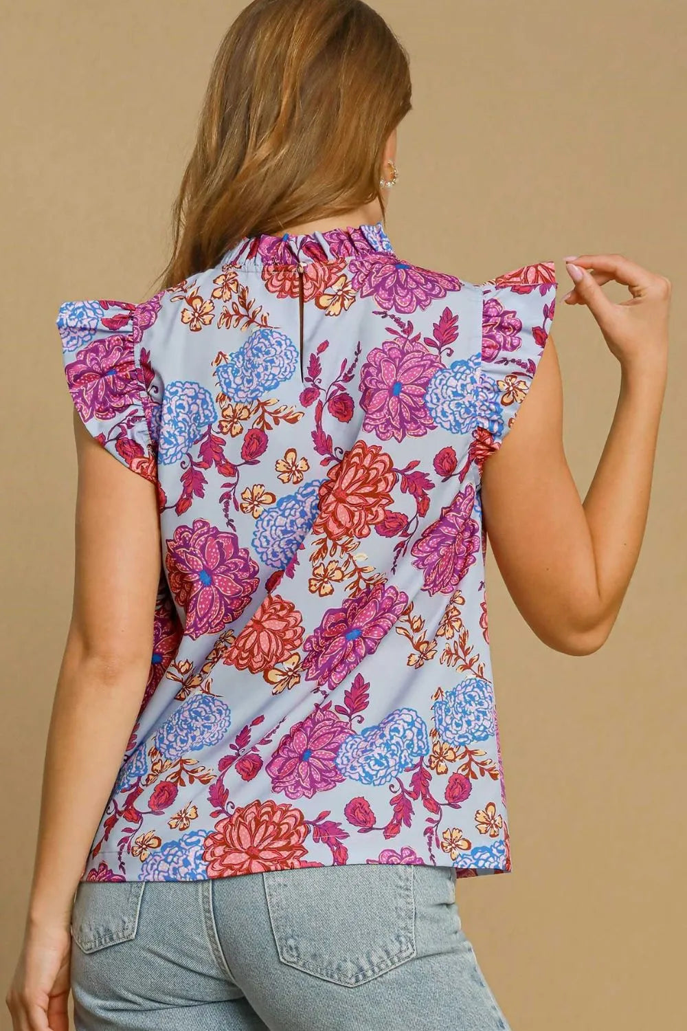 Umgee Full Size Floral Print Ruffled Cap Sleeve Blouse Plus Size