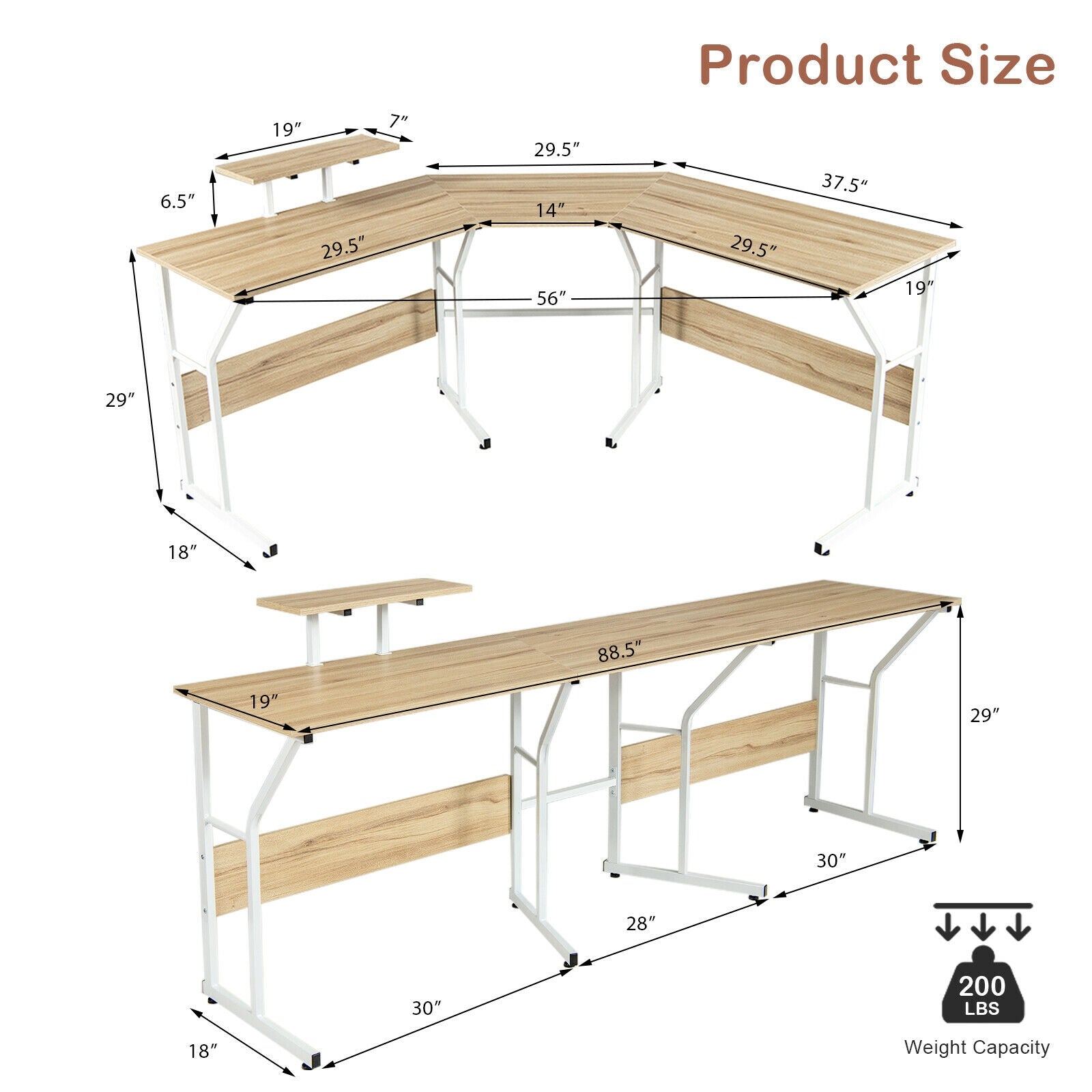 88.5 Inch L Shaped Reversible Computer Desk Table with Monitor Stand