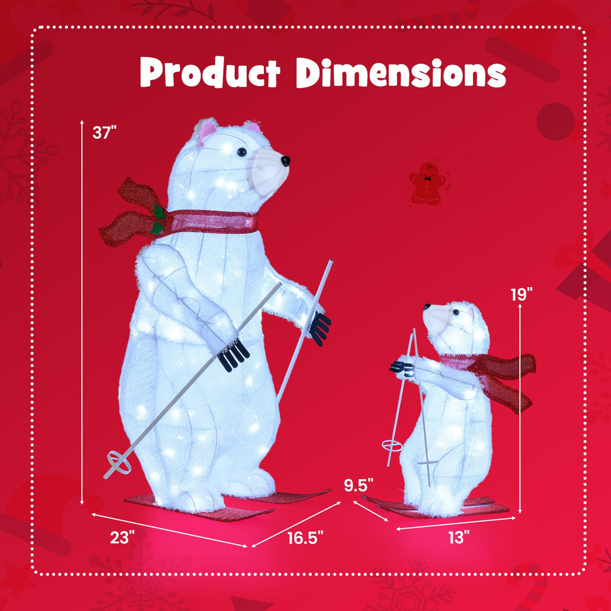 2 PCS Animated Skiing Polar Bears Pre-lit Christmas Bear Decoration with Skiing Motion