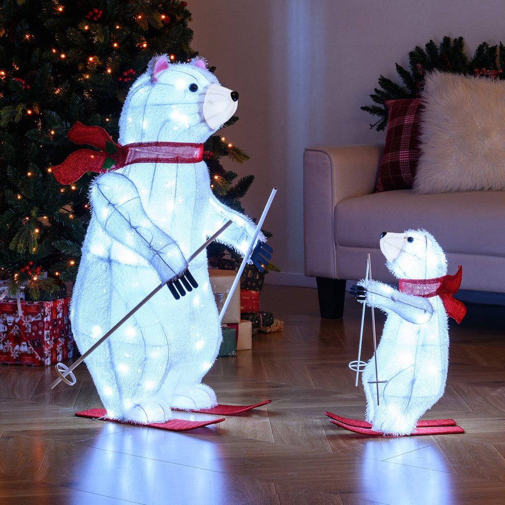 2 PCS Animated Skiing Polar Bears Pre-lit Christmas Bear Decoration with Skiing Motion