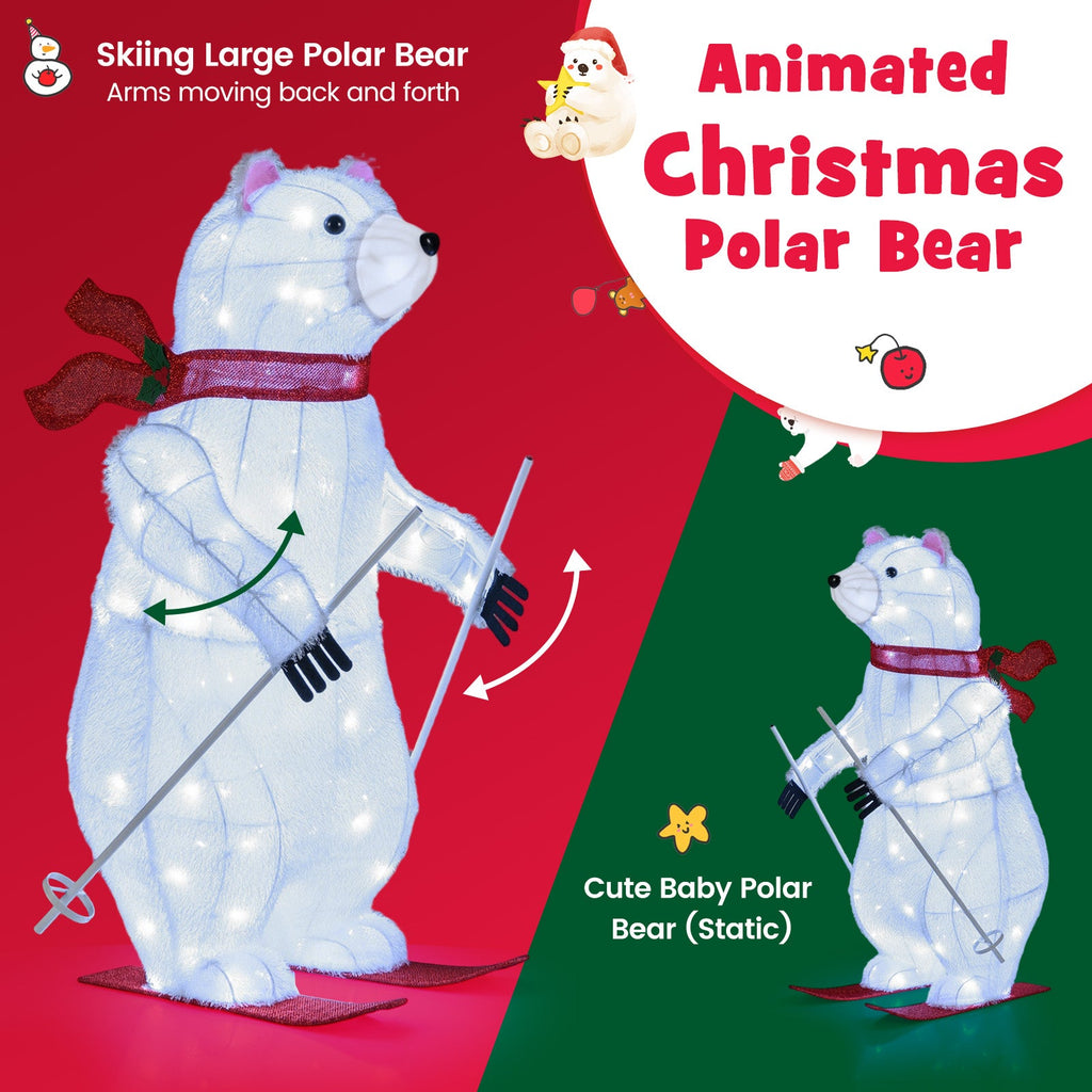 2 PCS Animated Skiing Polar Bears Pre-lit Christmas Bear Decoration with Skiing Motion