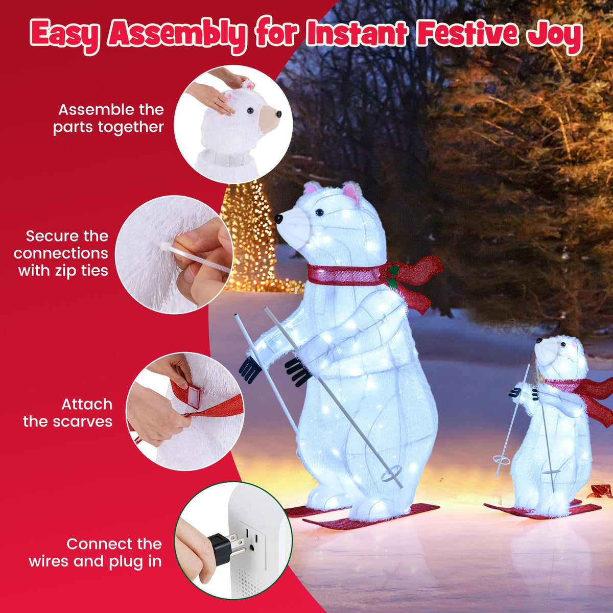 2 PCS Animated Skiing Polar Bears Pre-lit Christmas Bear Decoration with Skiing Motion