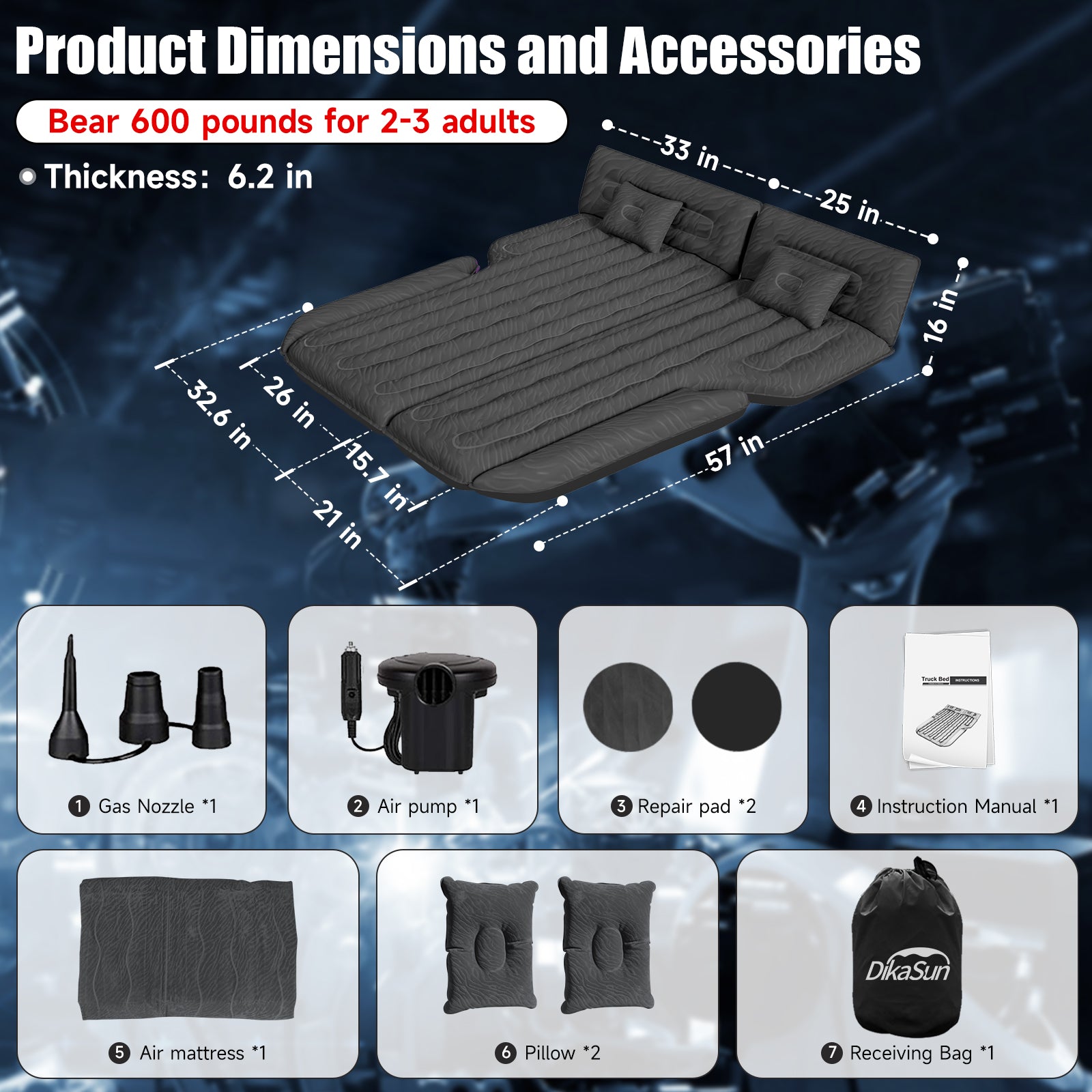 Colchón inflable DikaSun para SUV, flocado mejorado y cama de dormir extra gruesa con superficie de Oxford, bomba eléctrica, cable de carga de 3 m, negro