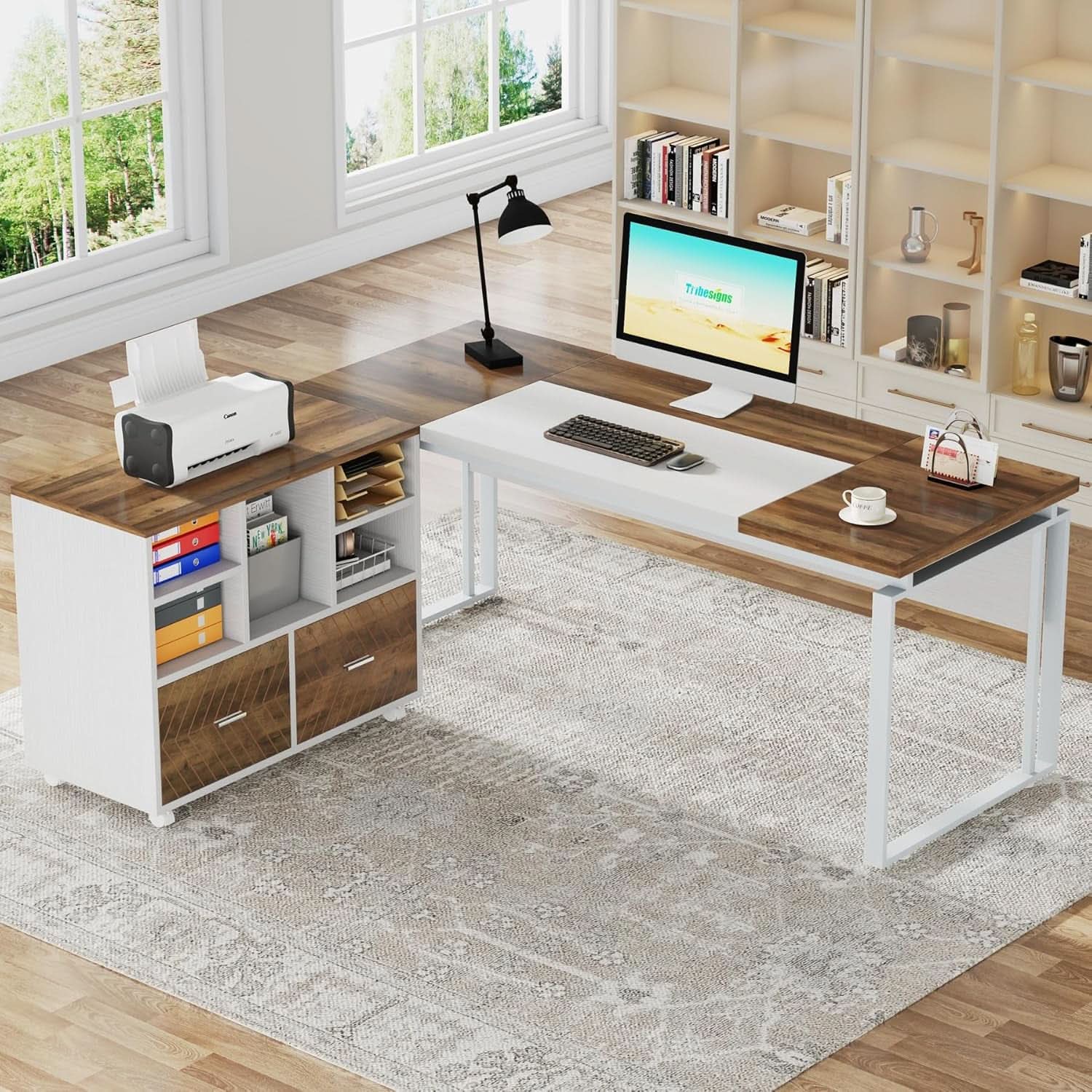 63 Inch L Shaped Desk Reversible Cabinet Natural Oak Wood Finish