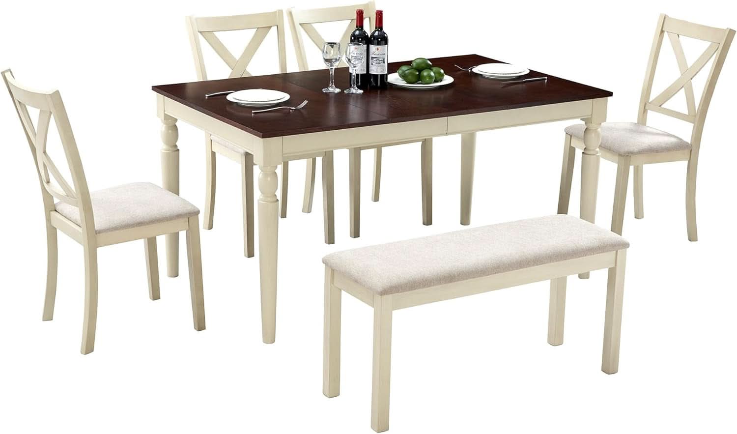 Juego de Mesa de Comedor de Madera Maciza de Nogal de Sesenta Pulgadas con Sillas Tapizadas