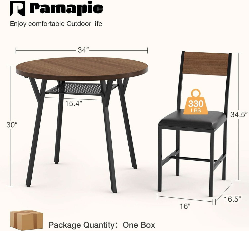 Juego de comedor redondo para cuatro personas, acabado en madera de nogal y metal