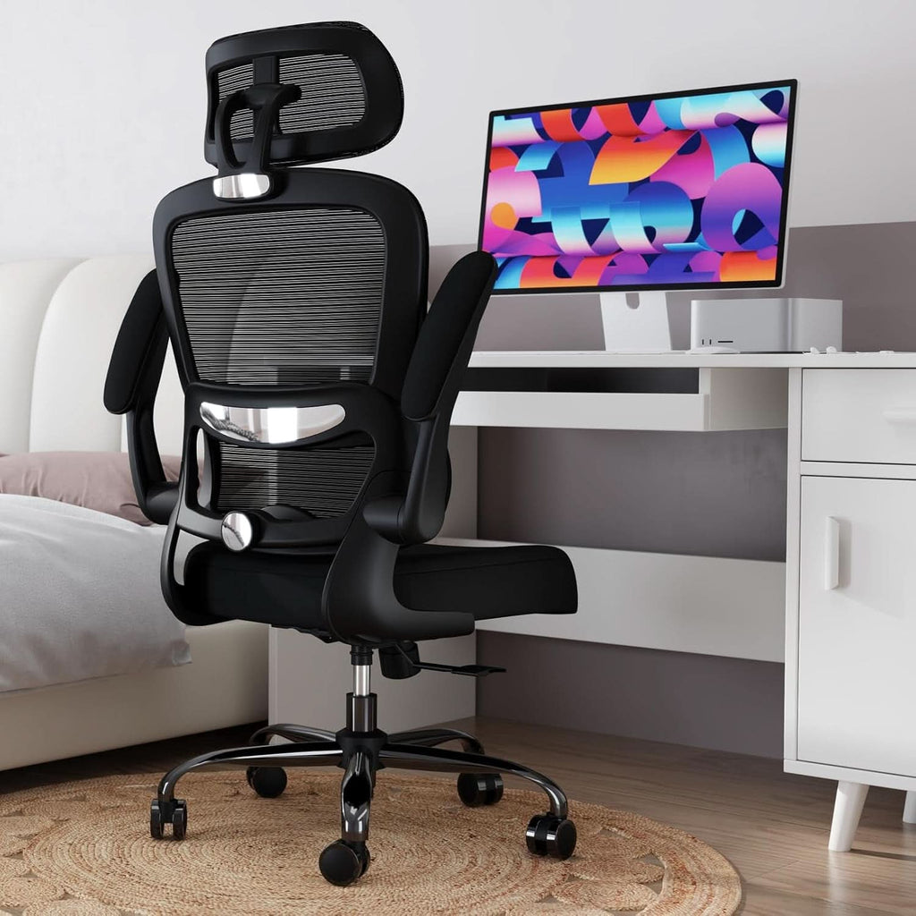 Silla de oficina ergonómica negra de respaldo alto con ruedas
