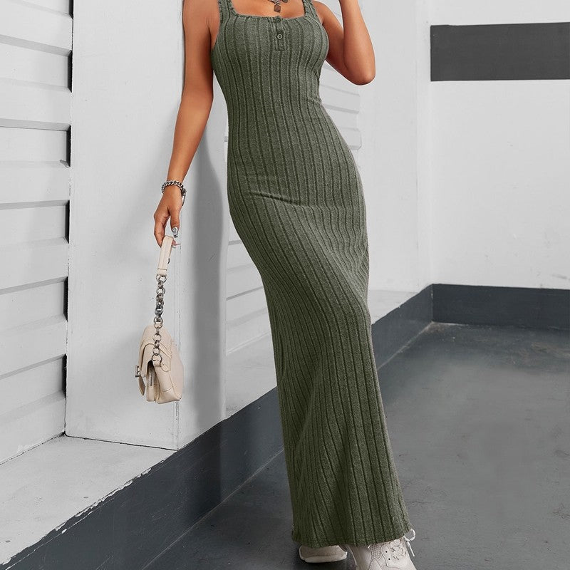 Solid Color Sleeveless Square Neck Knitted Maxi Dress