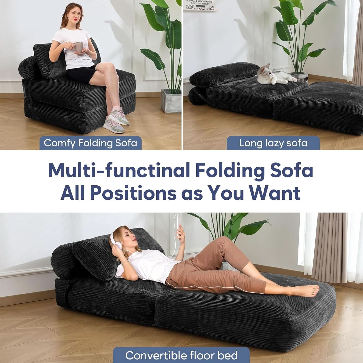 Sofá cama plegable convertible negro con almohada incluida