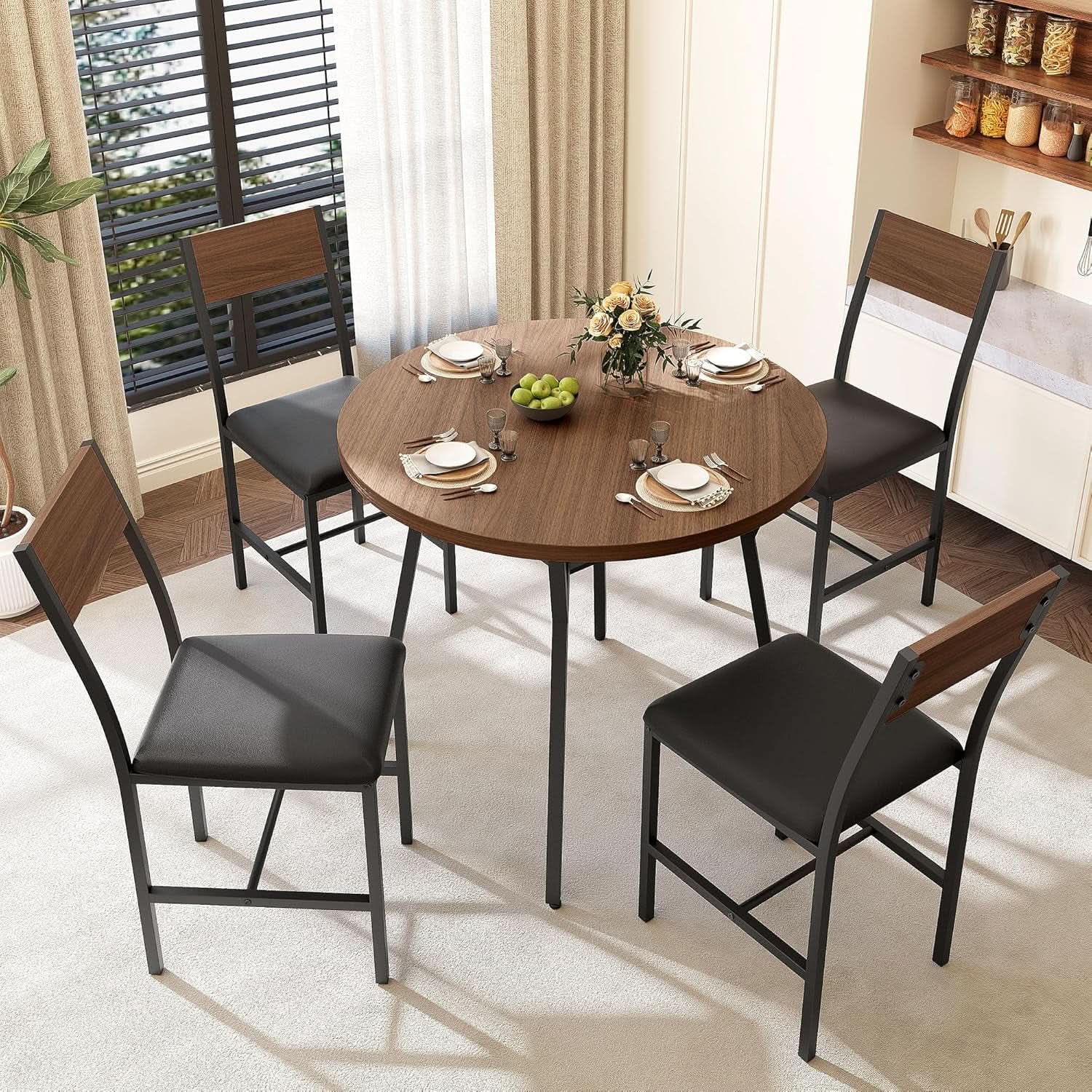 Juego de comedor redondo para cuatro personas, acabado en madera de nogal y metal
