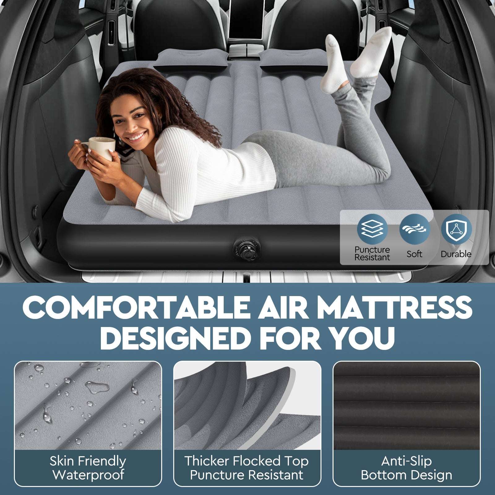 Colchón para Tesla Model Y: Colchón de aire inflable para camping para Model Y, almohadilla gruesa para dormir de viaje para SUV con bomba de aire para coche, 2 almohadas, azul marino
