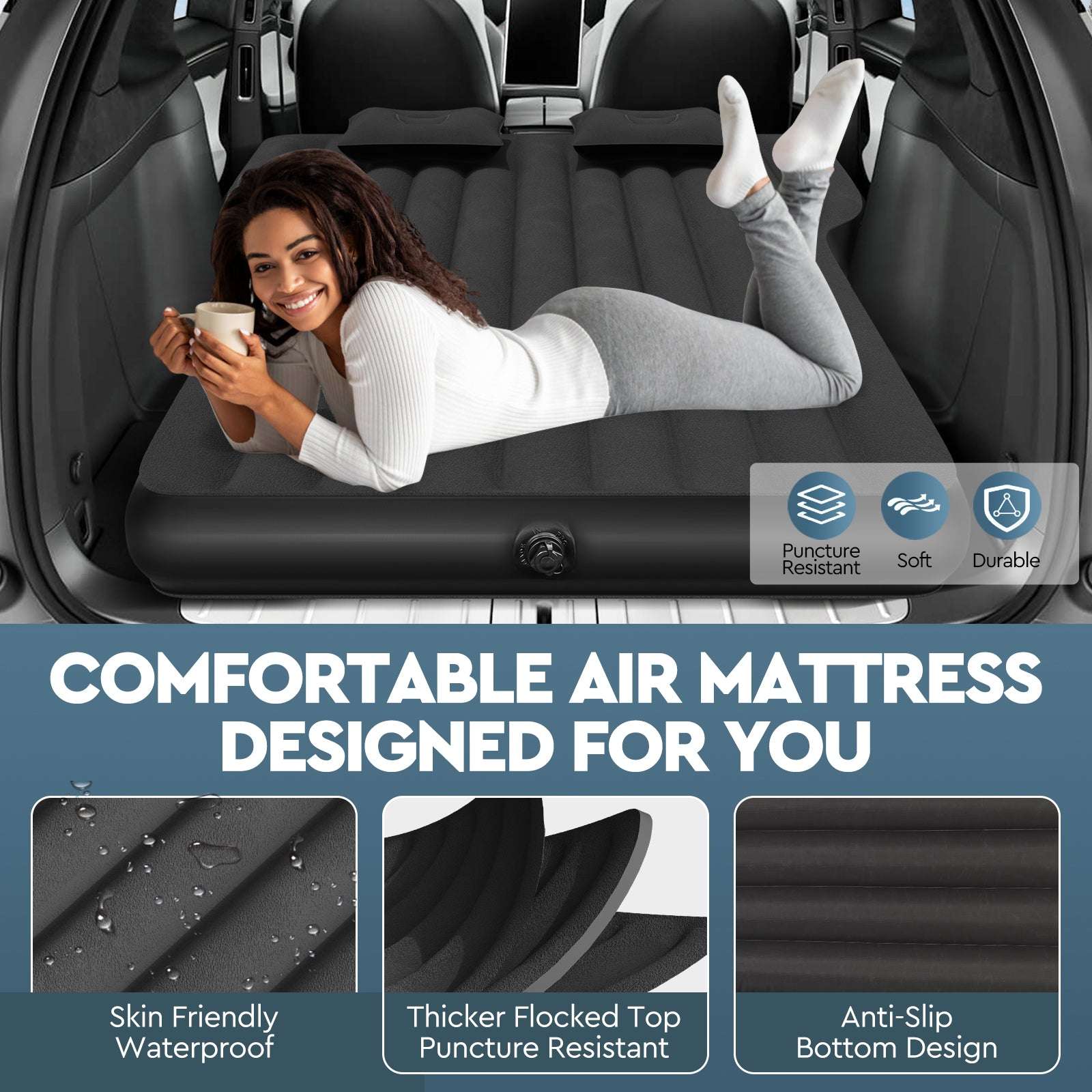 Colchón para Tesla Model Y: Colchón de aire inflable para acampar en Model Y, colchoneta de viaje SUV engrosada con bomba de aire para coche y 2 almohadas