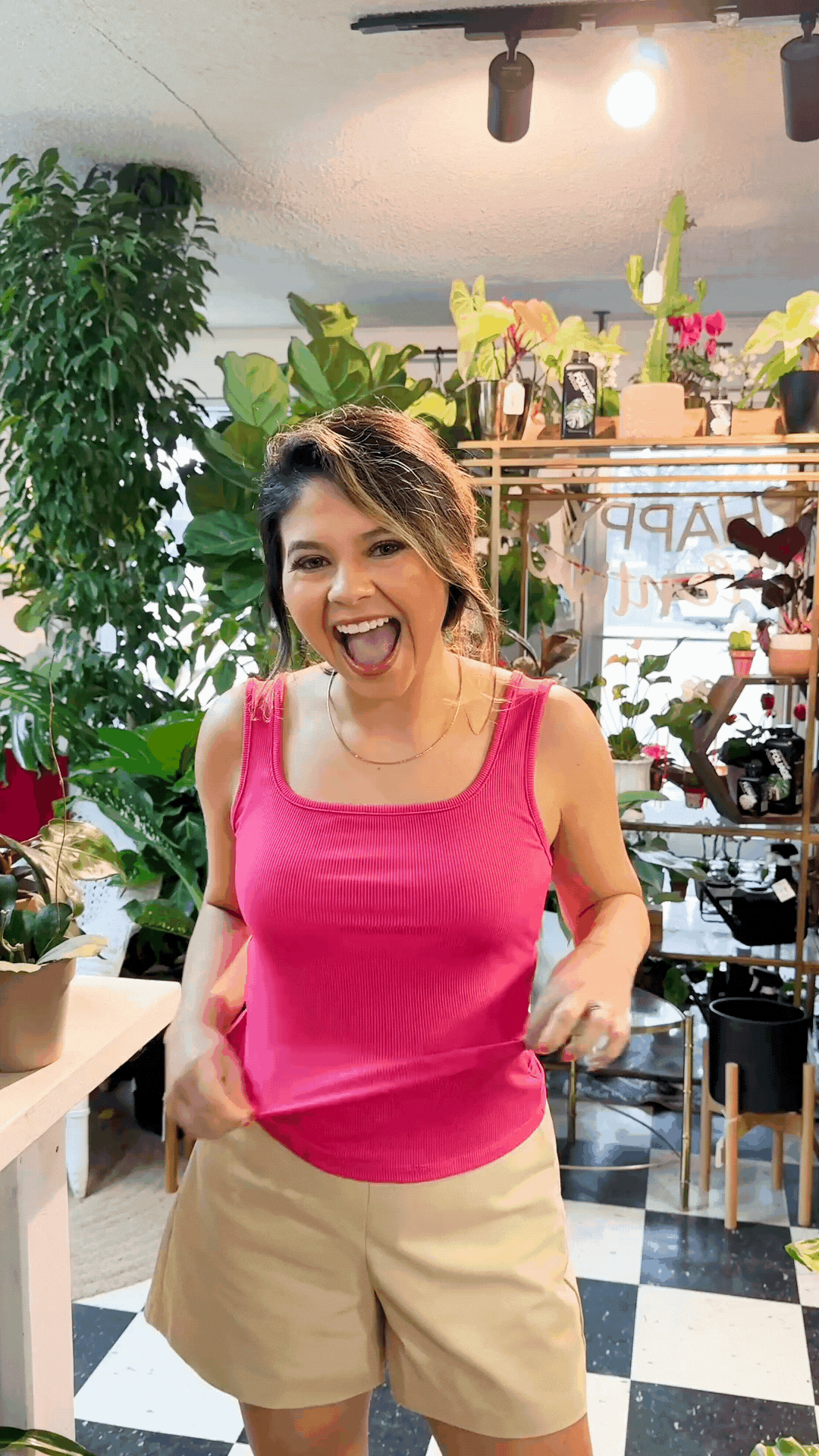Top de punto acanalado con cuello cuadrado Bella, rosa