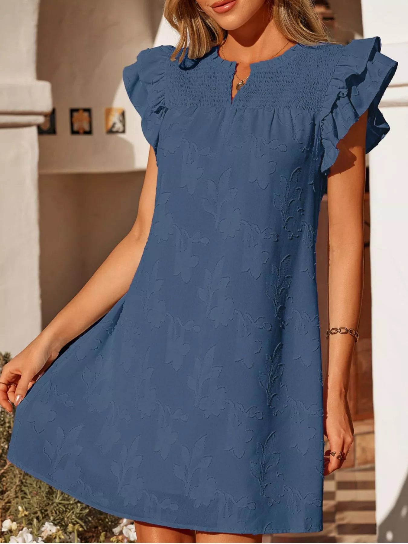 Floral Embossed Ruffle Sleeve Mini Dress