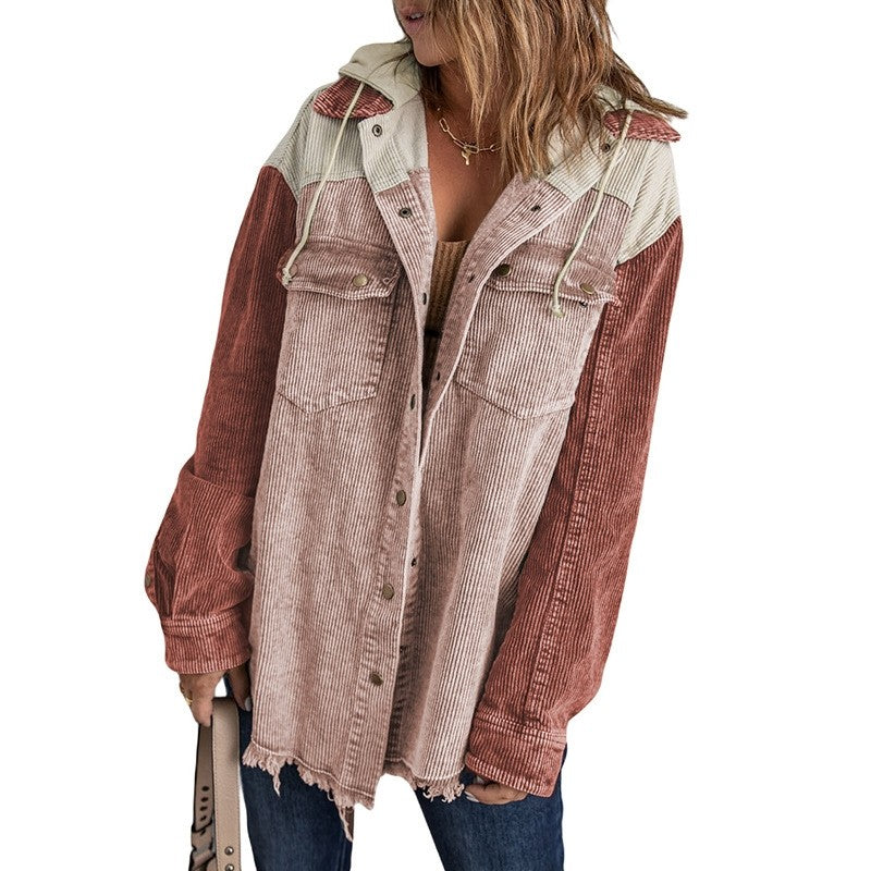 Loose Fit Color Block Hooded Corduroy Jacket