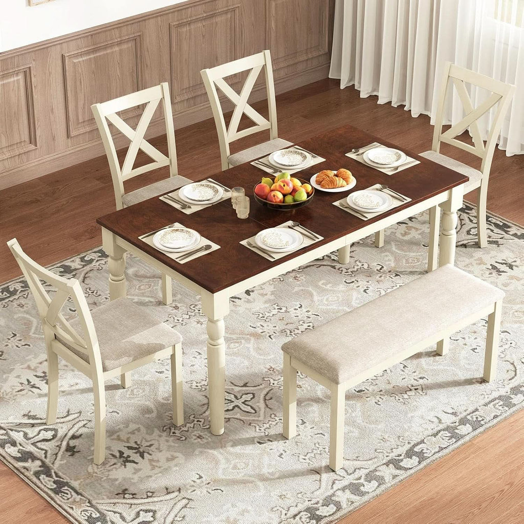 Juego de Mesa de Comedor de Madera Maciza de Nogal de Sesenta Pulgadas con Sillas Tapizadas