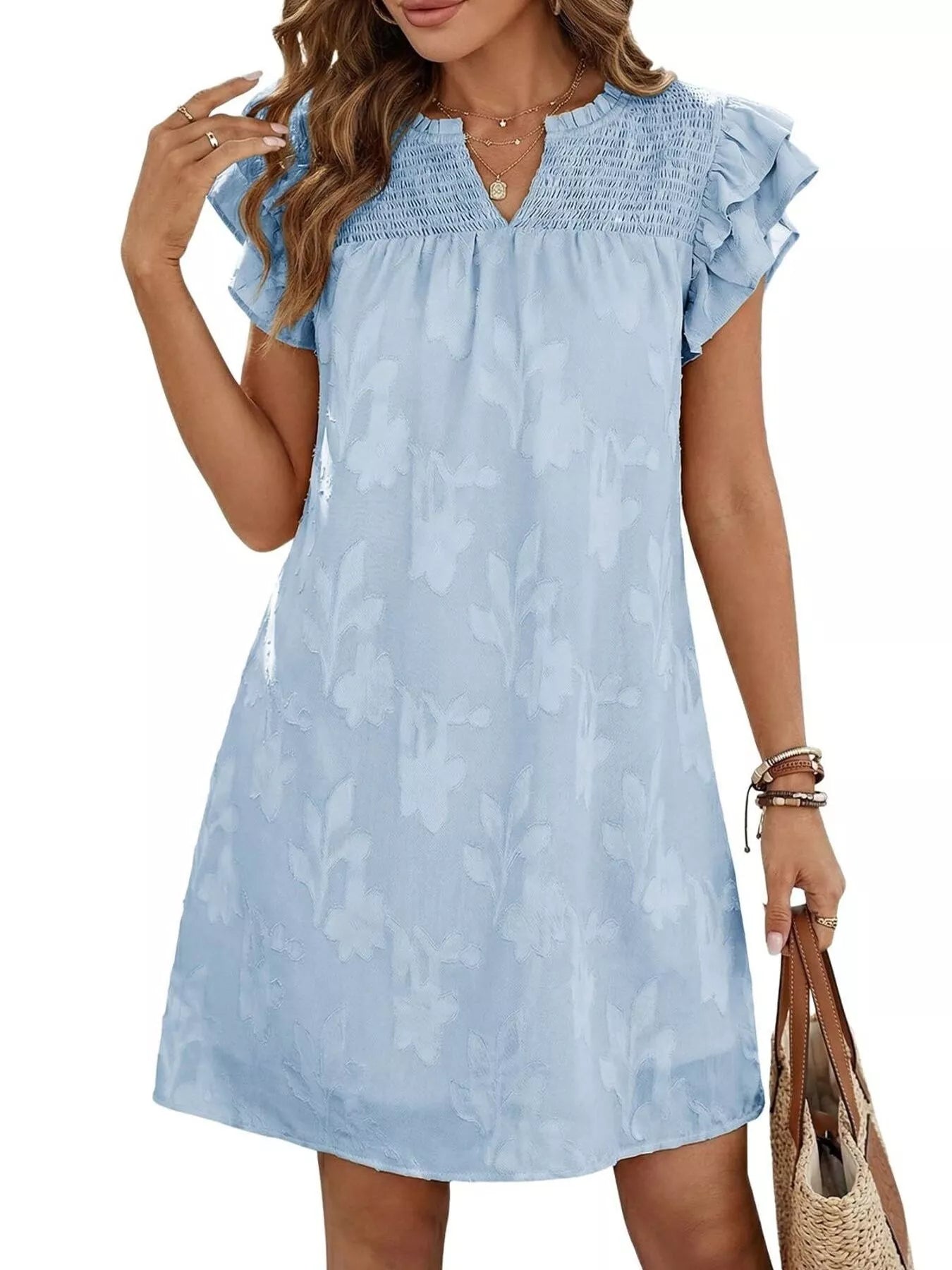 Floral Embossed Ruffle Sleeve Mini Dress