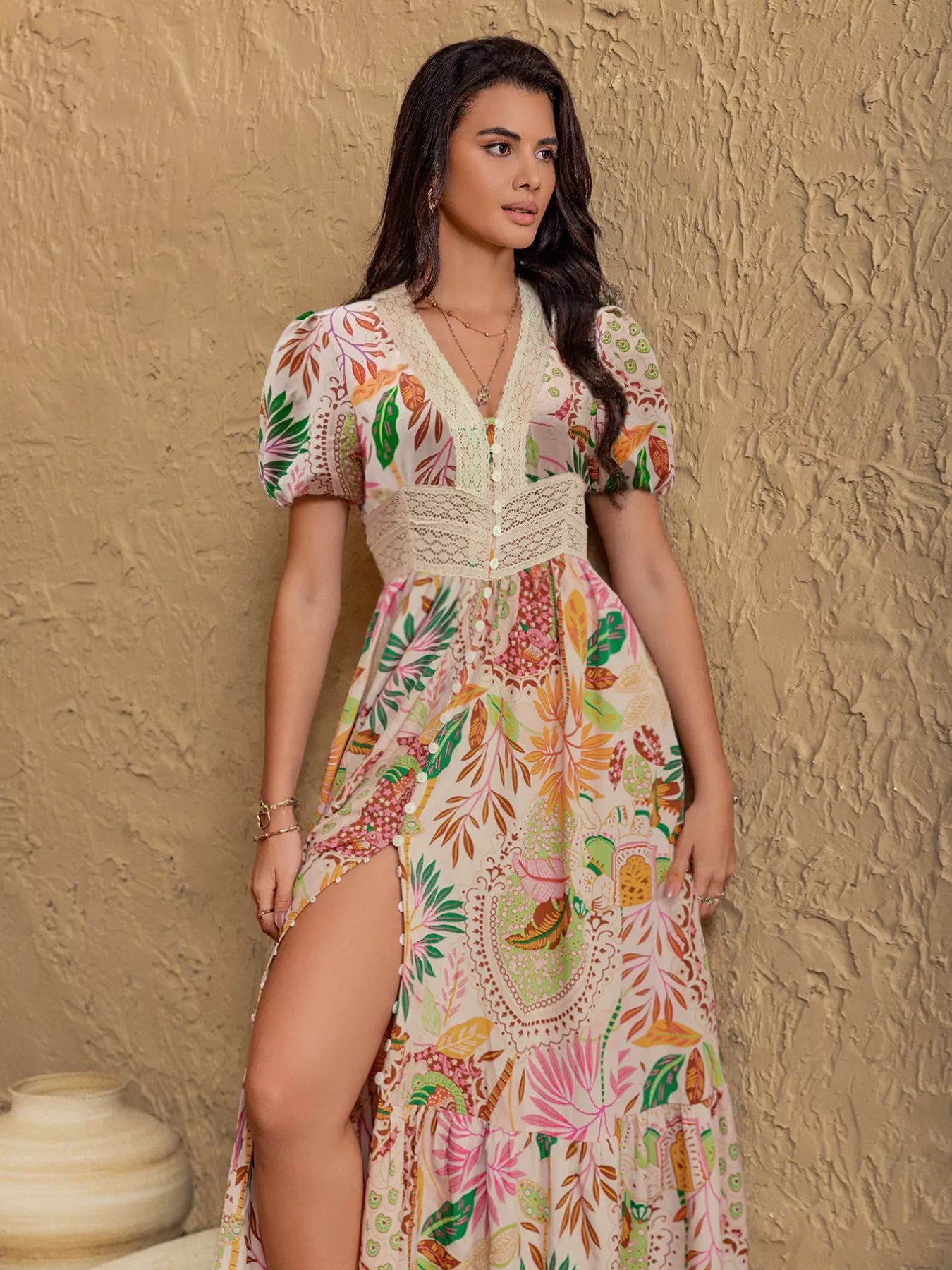 Lace Trim Floral Print Puff Sleeve Dress