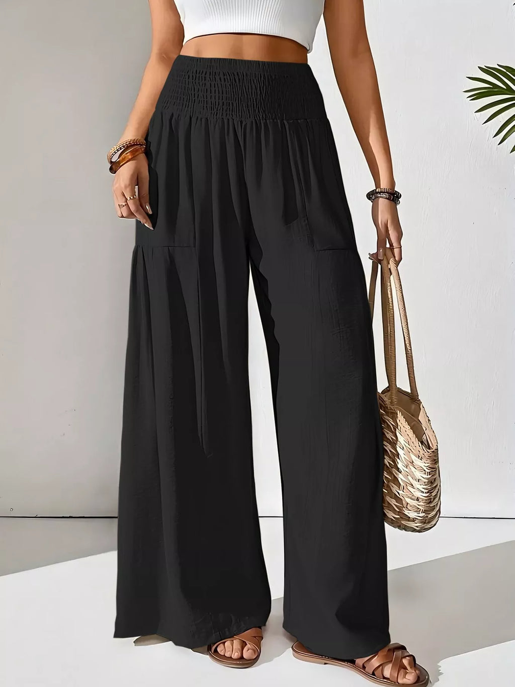 Pantalones de pierna ancha con cintura smock