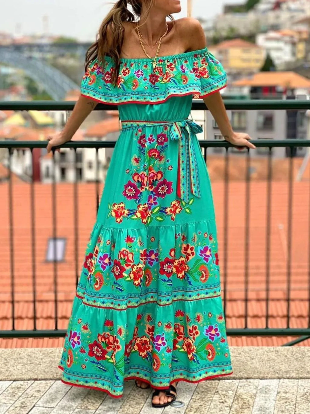 Floral Off Shoulder Ruffle Maxi Dress